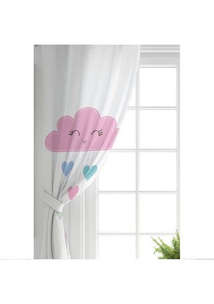 RealHomes Çift Kanat Beyaz Zeminde Pembe Bulutlu Baby Shower Çocuk Odası Fon Perde fiyatları
