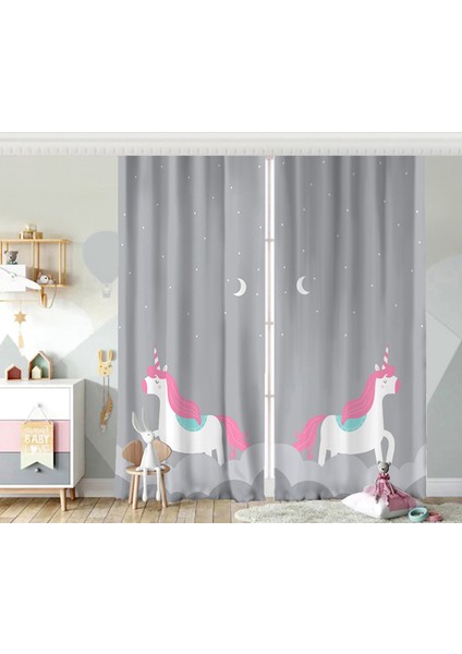 Çift Kanat Gri Unicorn At Desenli Dijital Baskılı Bebek Odası Fon Perde