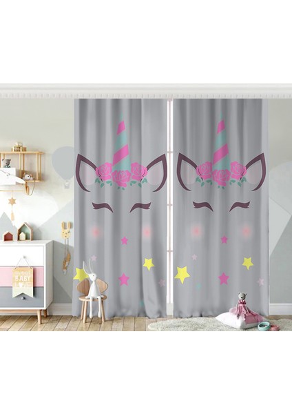 Çift Kanat Gri Zeminde Unicorn Desenli Çocuk Odası Fon Perde