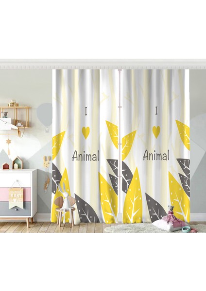 Çift Kanat I Love Animals Tasarımlı Çocuk Odası Fon Perde