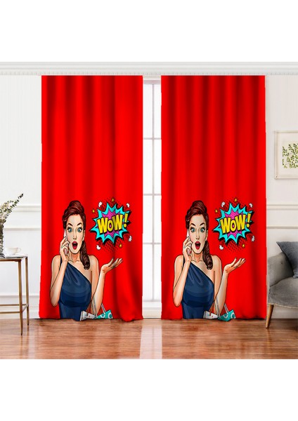 Çift Kanat Kırmızı Zeminli Popart Wow Desenli Modern Salon Fon Perdesi