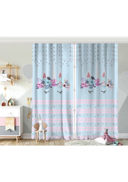 Çift Kanat Mavi Zeminde Baby Shower Özel Tasarım Çocuk Odası Fon Perde