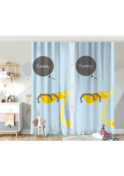 RealHomes Çift Kanat Mavi Zeminde Leylek Motifli Özel Tasarım Çocuk Odası Fon Perde