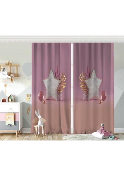 Çift Kanat Modern Pembe Zeminli 3D Yıldız Desenli Bebek Odası Fon Perde