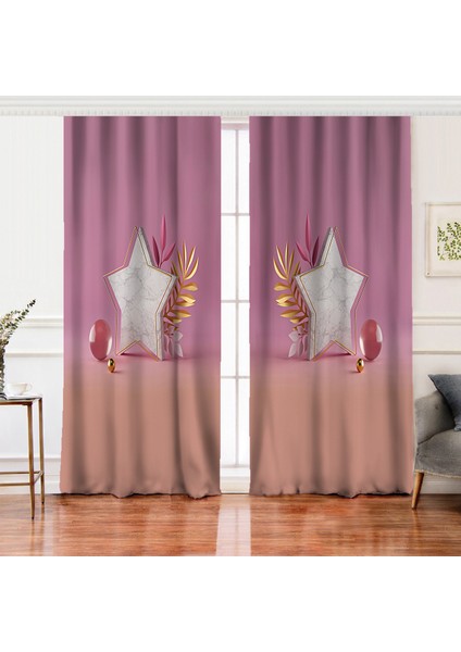 Çift Kanat Modern Pembe Zeminli 3D Yıldız Desenli Salon Fon Perdesi