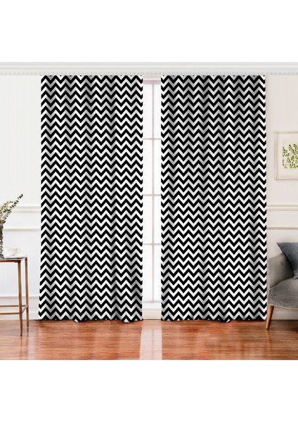 Çift Kanat Modern Zigzag Desenli Dijital Baskılı Salon Fon Perdesi