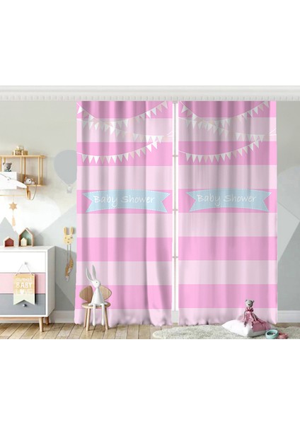 Çift Kanat Pembe Çizgili Baby Shower Çocuk Odası Fon Perde