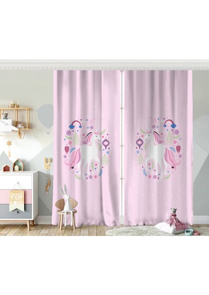 Çift Kanat Pembe Zeminde Unicorn Sevimli At Çocuk Odası Fon Perde