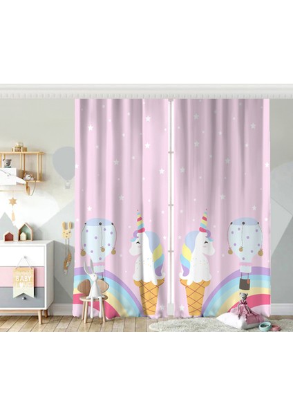 Çift Kanat Pembe Zeminde Unicorn Tasarımlı Çocuk Odası Fon Perde