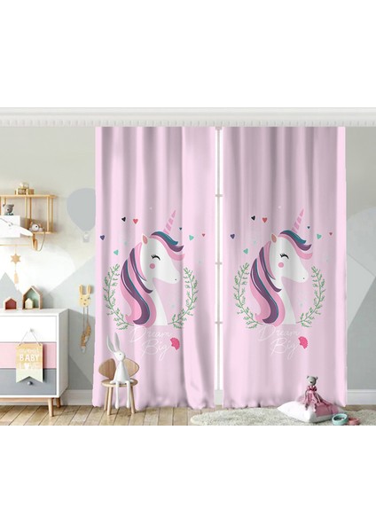 Çift Kanat Pembe Zeminli Magic Unicorn Tasarımlı Çocuk Odası Fon Perde