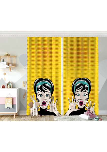 Çift Kanat Pop Art Resimli Dijital Baskılı Bebek Odası Fon Perde