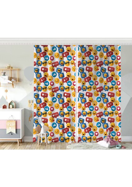 Çift Kanat RealHomes Emoji ve Like Dijital Baskılı Modern Çocuk Odası Fon Perde