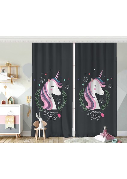 Çift Kanat Siyah Zeminde Unicorn Sevimli At Çocuk Odası Fon Perde