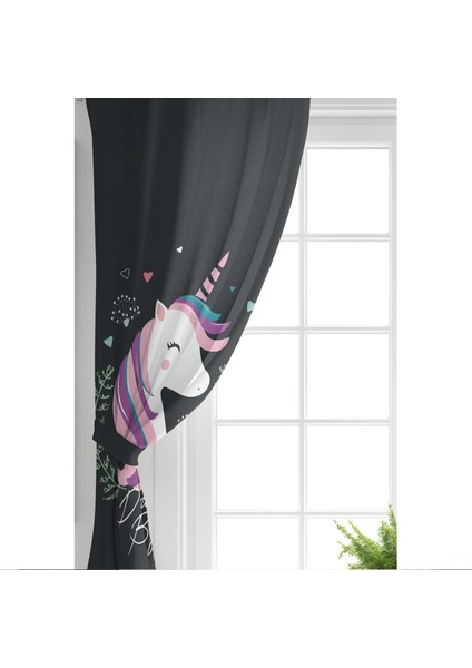 Çift Kanat Siyah Zeminde Unicorn Sevimli At Çocuk Odası Fon Perde fiyatları