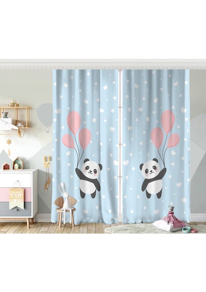 Çift Kanat Uçan Balonlar ve Sevimli Panda Desenli Çocuk Odası Fon Perde