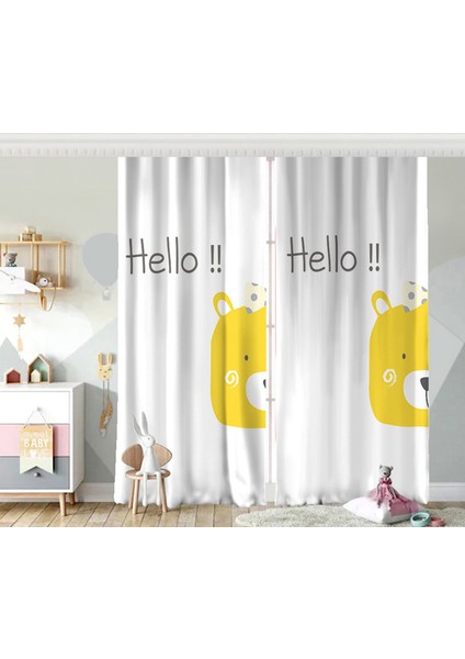 Çift Kanat Sarı Ayıcık Hello Motifli Çocuk Odası Fon Perde