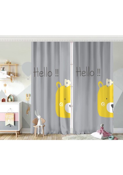 Çift Kanat Sarı Ayıcık Hello Motifli Çocuk Odası Fon Perde