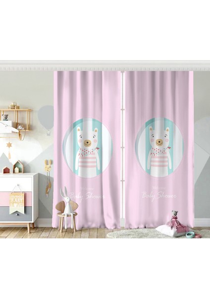 Çift Kanat Welcome Baby Shower Temalı Sevimli Ayıcık Çocuk Odası Fon Perde