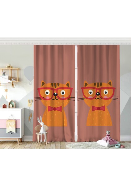 Çift Kanat Renkli Kedi Dijital Baskılı Modern Çocuk Odası Fon Perde