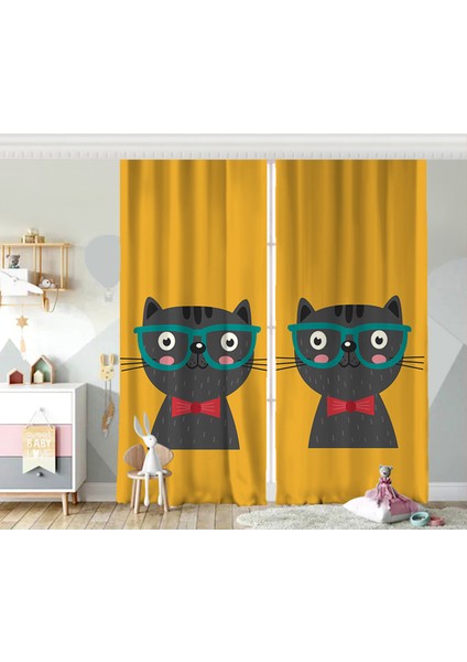Çift Kanat Renkli Kedi Dijital Baskılı Modern Çocuk Odası Fon Perde