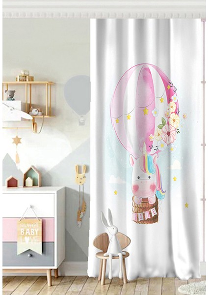 Tek Kanat Pembe Zeminli Unicorn At Desenli Dekoratif Çocuk Odası Fon Perde