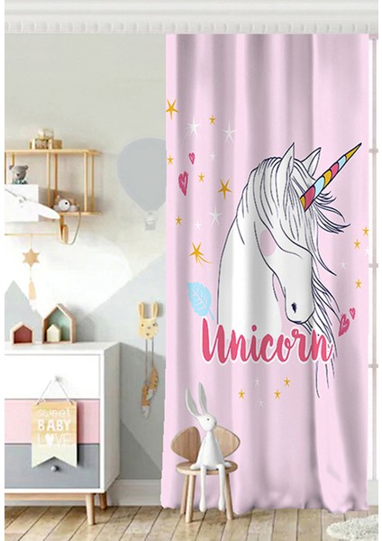 Tek Kanat Gri Zeminli Unicorn At Desenli Özel Tasarım Çocuk Odası Fon Perde