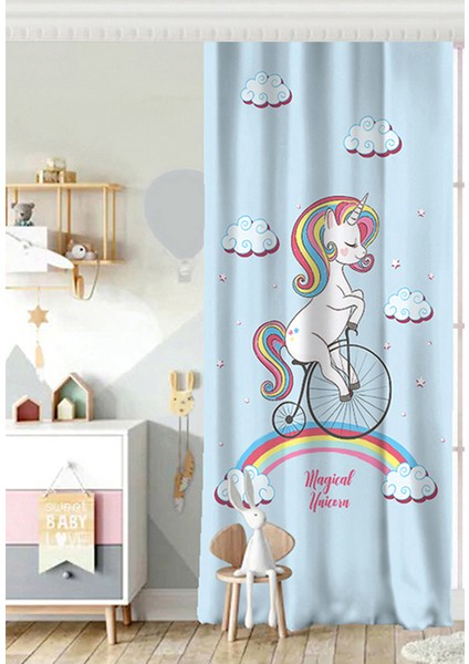 Tek Kanat Pembe Zeminde Bisiklet ve Unicorn Tasarımlı Çocuk Odası Fon Perde