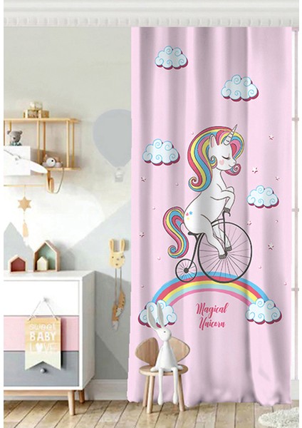 Tek Kanat Gri Zeminde Bisiklet ve Unicorn Tasarımlı Çocuk Odası Fon Perde