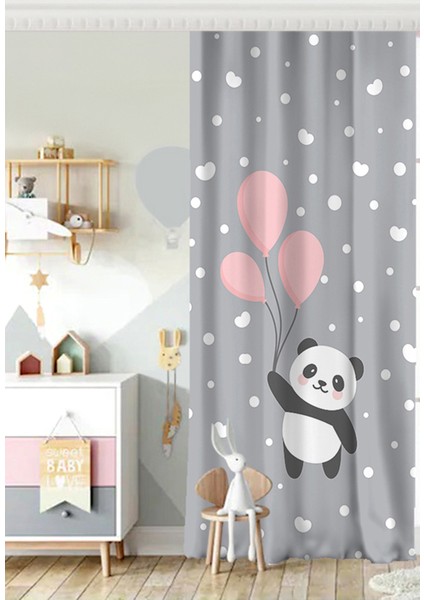 Tek Kanat Uçan Balonlar ve Sevimli Panda Desenli Çocuk Odası Fon Perde