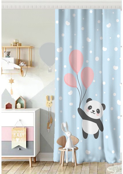 Tek Kanat Uçan Balonlar ve Sevimli Panda Desenli Çocuk Odası Fon Perde