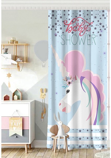 Tek Kanat Baby Shower Unicorn At Tasarımlı Çocuk Odası Fon Perde