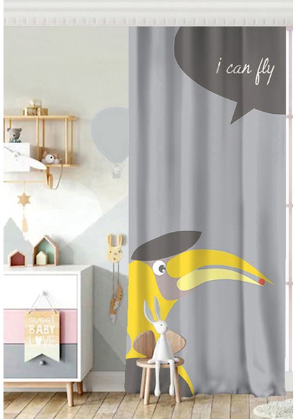 Tek Kanat I Can Fly Leylek Motifli Bebek Odası Fon Perde