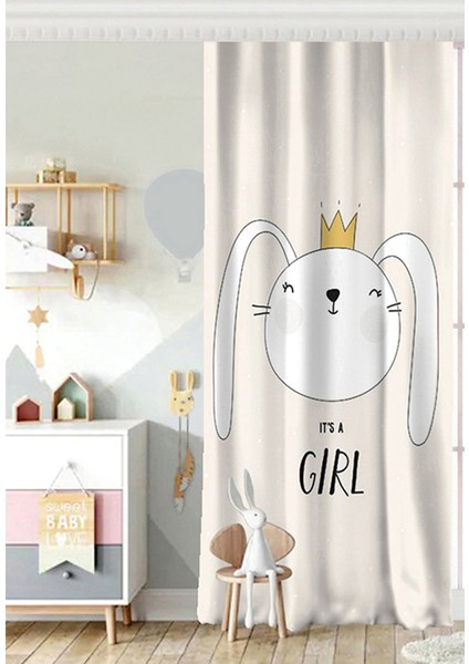 Tek Kanat Gri Zeminde Its Girl Tavşan Motifli Bebek Odası Fon Perde