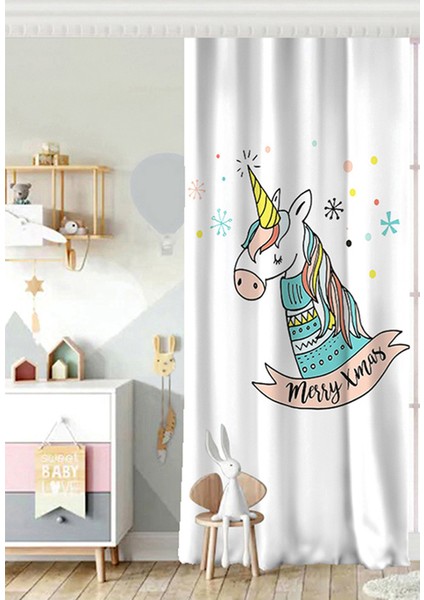 Tek Kanat Gri Zeminde Unicorn Motifli Bebek Odası Fon Perde