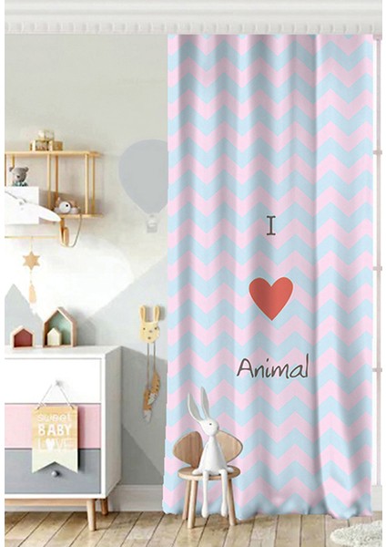 Tek Kanat Pembe Gri Zigzaglı I Love Animal Desenli Çocuk Odası Fon Perde