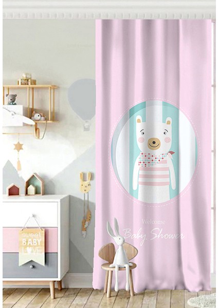 Tek Kanat Welcome Baby Shower Temalı Sevimli Ayıcık Çocuk Odası Fon Perde