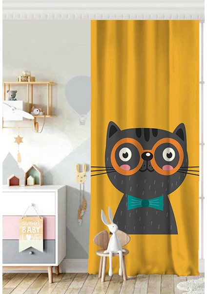 Tek Kanat Renkli Kedi Dijital Baskılı Modern Çocuk Odası Fon Perde