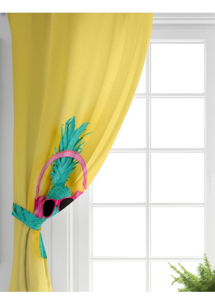 Çift Kanat Sarı Zeminli Ananas Detaylı Modern Salon Fon Perdesi fiyatları