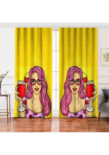 Çift Kanat Sarı Zeminli Popart Girl Desenli Dekoratif Salon Fon Perdesi