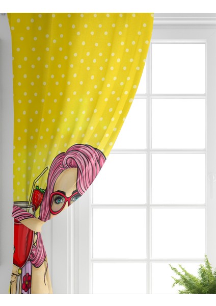 Çift Kanat Sarı Zeminli Popart Girl Desenli Dekoratif Salon Fon Perdesi fiyatları