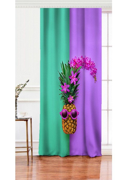 Tek Kanat Yeşil ve Mor Ananas Temalı Özel Tasarım Salon Fon Perdesi