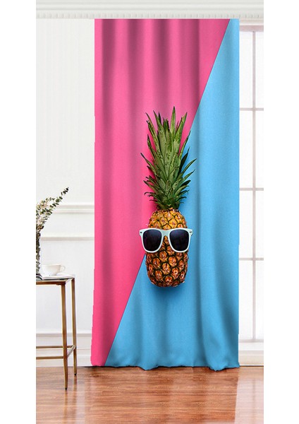 Tek Kanat Mavi Pembe Ananas Desenli Modern Salon Fon Perdesi