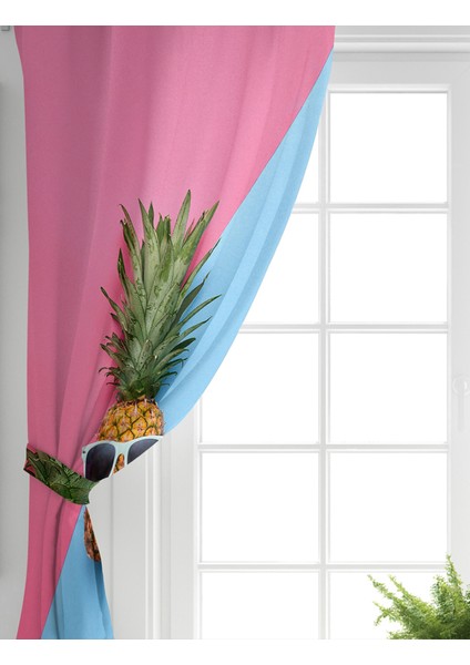 Tek Kanat Mavi Pembe Ananas Desenli Modern Salon Fon Perdesi