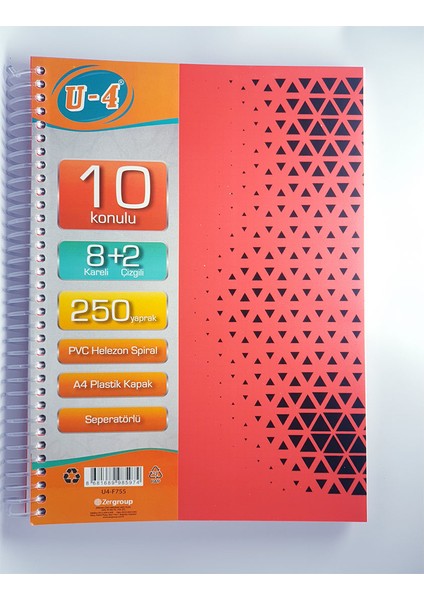 8+2 Bölümlü 250 Yaprak A4 Sipralli Ayraçlı Defter 8 Kareli 2 Çizgili Çoklu Defter