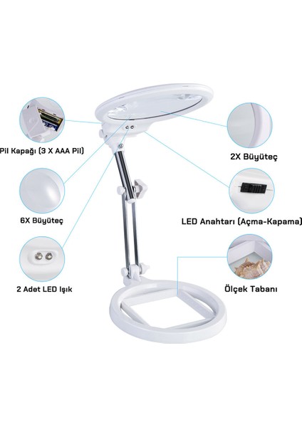 Masaüstü Ledli Aydınlatma 6x - 2x Büyütme Büyüteç 45 cm - Model No AL2490 Beyaz modelleri