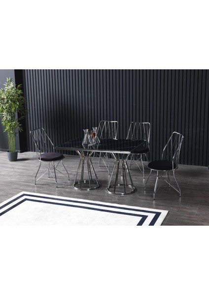 Meyra 4 Kişilik Siyah Mermerli Mutfak Masası Takımı Gümüş Baklava 80 x 120 cm