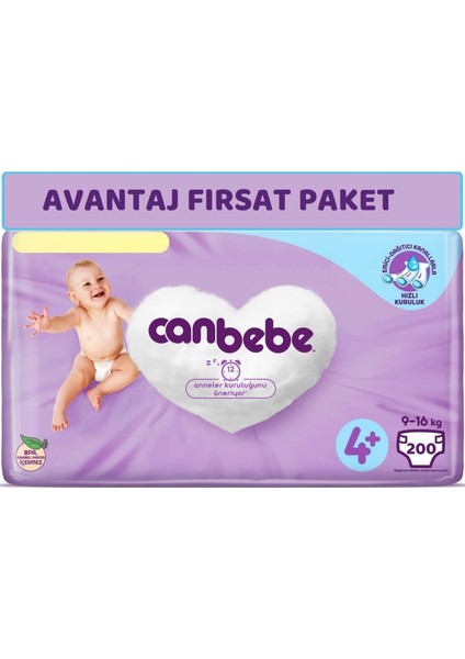 Bebek Bezi Beden:4+ (9-16kg) Maxi Plus 200 Adet Avantaj Fırsat Pk