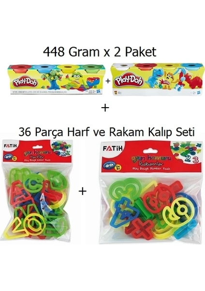 Play Doh Oyun Hamuru 4'lü 448 Gram x 2 Paket + Fatih 36 Parça Harfler ve Sayılar Kalıp Seti