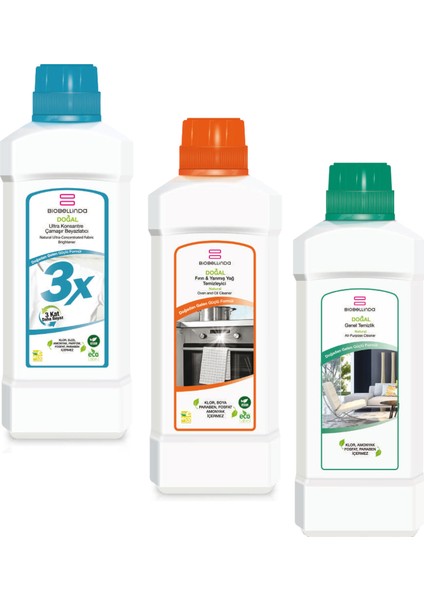 3x Çamaşır Beyazlatıcı 750 Gr + Fırın ve Yanmış Yağ Temizleyici 1000 ml + Genel Temizlik 1000 ml