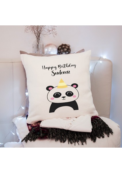 Kişiye Özel Hediye Isimli Panda Happy Birthday Baskılı Yastık Kılıfı 2056